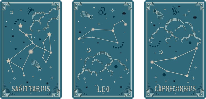 Sagittarius Leo and Capricornus zodiac symbols surround clouds, stars, luxury, esoteric, and boho styles. Fit for paranormal tarot readers and astrologers vector