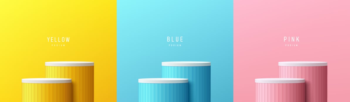 Set of yellow, blue, pink, white realistic 3d steps cylinder stand podium in pastel scene background. Abstract vector rendering geometric forms. Minimal scene. Stage showcase, Mockup product display.
