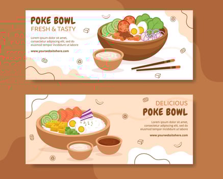 Poke Bowl Food Horizontal Banner Template Hand Drawn Cartoon Flat Illustration vector