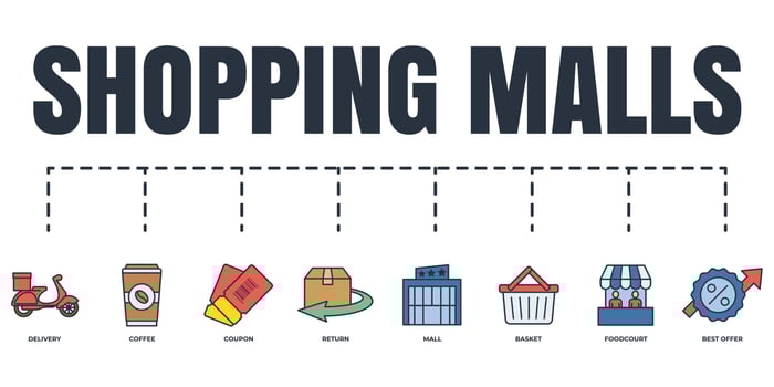 Shopping malls banner web icon set. foodcourt, coffee, coupon, basket, mall, return, best offer, delivery vector illustration concept.