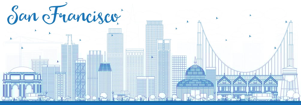 Outline San Francisco Skyline with Blue Buildings. vector