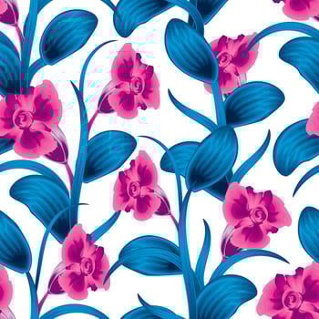 abstract pink flower with blue leaves tropical seamless pattern on light background. floral background. Exotic tropics. Summer Vector design. Jungle print. nature wallpaper. tropical background