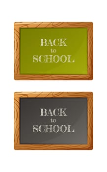 Set of chalkboards in black and green colour. Wooden frame. Text back to school. Vector illustration, cartoon style. For use by students, schoolchildren.