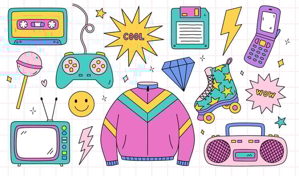 Bright doodle set of items from the nineties - retro cassette tape, sports jacket, tape recorder, roller skate, TV, joystick, floppy disk, cool and wow stickers, lightnings. Nostalgia for the 1990s. vector
