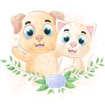 Cute little Dog and Cat with watercolor illustration vector