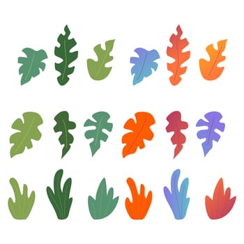 Set of colorful  autumn, summer leaves and bushes. Isolated on white background.Vector flat illustration. vector