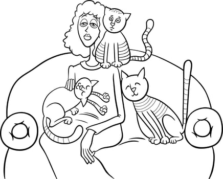 woman with her cats on the sofa cartoon coloring page vector