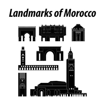 Bundle of morocco famous landmarks by silhouette style vector