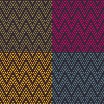 Ethnic geometric zigzag seamless pattern 4 color set on black background. Use for fabric, textile, interior decoration elements, upholstery, wrapping. vector