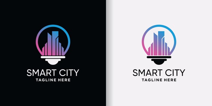 Smart city logo design for technology construction with light bulb style and modern concept Premium Vector