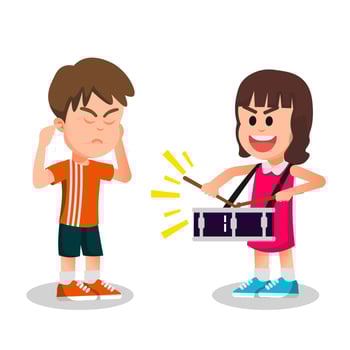 boy is annoyed because his friend is playing the snare drum loudly vector