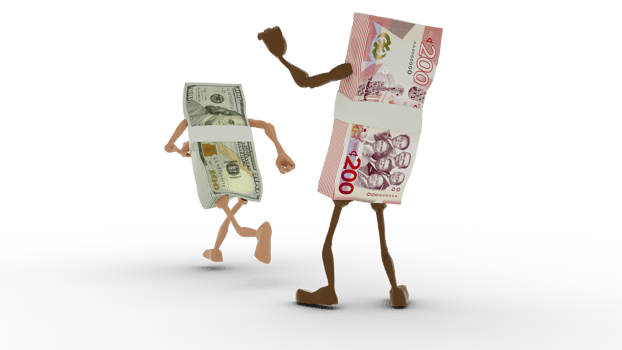 3d rendering of Ghanaian cedi races US dollar isolated on white transparent background. png