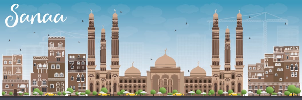 Sanaa Yemen Skyline with Brown Buildings and Blue Sky. vector