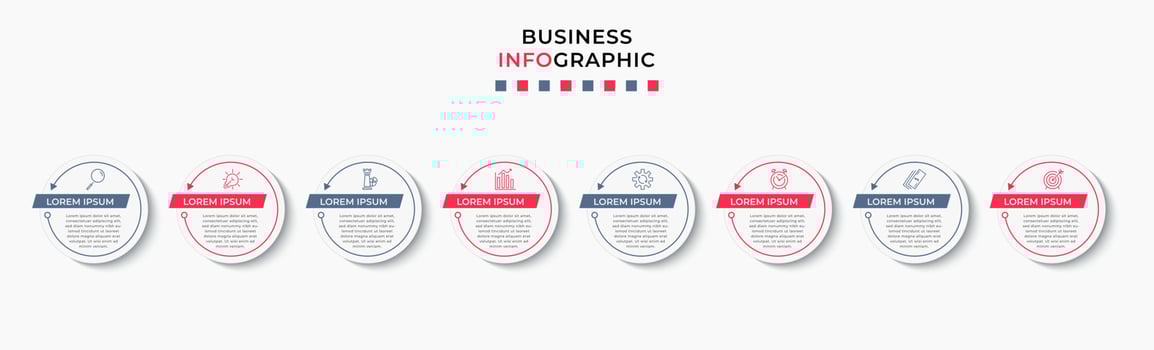 Vector Infographic design business template with icons and 8 options or steps. Can be used for process diagram, presentations, workflow layout, banner, flow chart, info graph