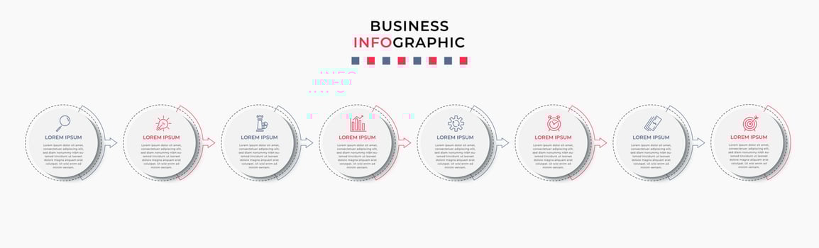 Vector Infographic design business template with icons and 8 options or steps. Can be used for process diagram, presentations, workflow layout, banner, flow chart, info graph