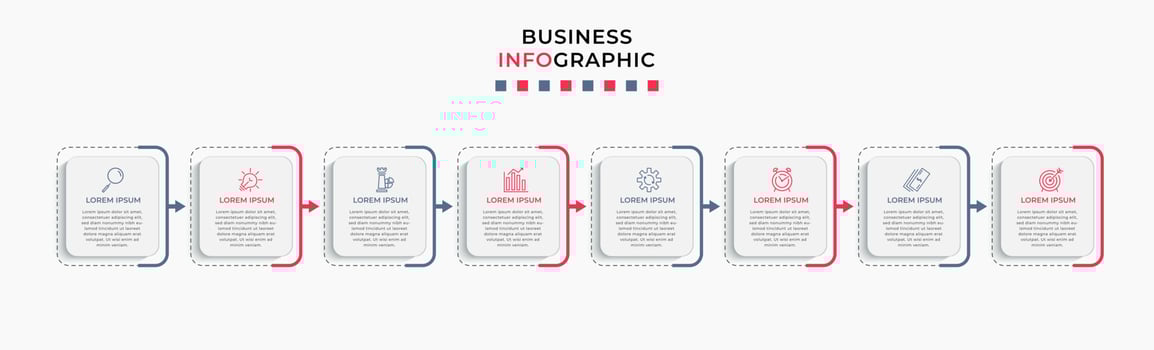 Vector Infographic design business template with icons and 8 options or steps. Can be used for process diagram, presentations, workflow layout, banner, flow chart, info graph