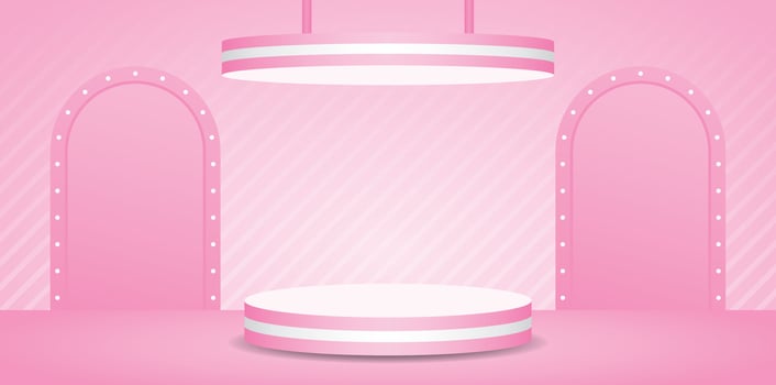 pink striped podium display stage with hanging ceiling and lightbulb arch backdrop on sweet pastel pink floor and wall 3d illustration vector for putting beauty and cosmetic product