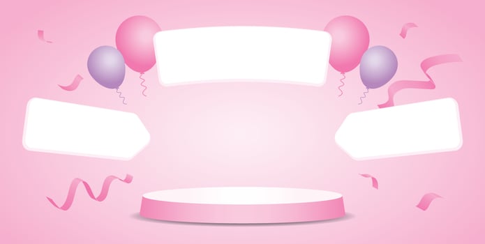 cute pink round product display podium with balloons and confetti and arrow signboard 3d illustration vector on sweet pastel pink background for putting object