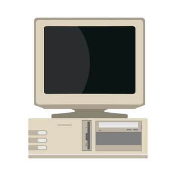 Retro computer front view device equipment flat vector icon. 90s machine PC