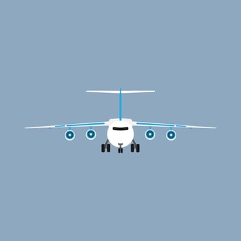 Airliner transportation journey white plane front view. Tourist travel airbus vector flat