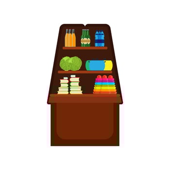 Shop shelf vector icon business market interior. Store mall display product exhibition. Supermarket showcase sale flat box
