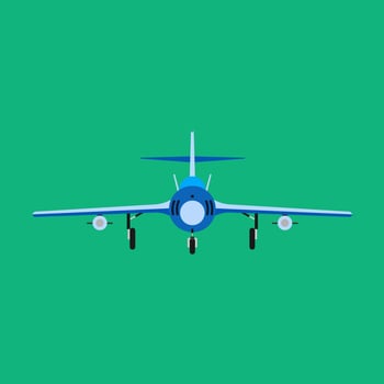 Fighter aircraft vector icon military plane front view. Supersonic assault jet war force transport. Cockpit cartoon bomber