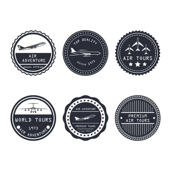 Air tour vector badge aircraft travel business design. Tourism journey symbol trip label. Vacation emblem aviation airline adventure sticker. Set simple logo