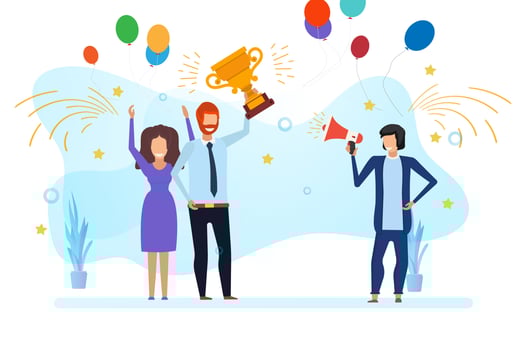 Business team success vector reward illustration win. Employee award flat people victory design. Happy prize trophy leader person. Champion cup mission teamwork concept. Office company career together