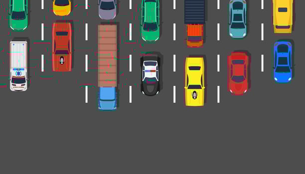 Traffic jam car top view vector illustration road. Lot street city aerial asphalt design highway. Transportation background travel urban. Busy hour line concept stuck truck. Freeway transit metropolis