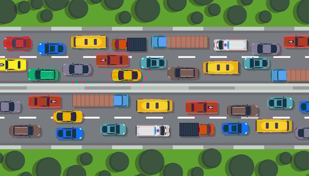 Traffic road vector top view highway city car. Street flat vehicle map infographic lane illustration. Transport control urban. Truck travel direction line concept. Roadside speedway trip route