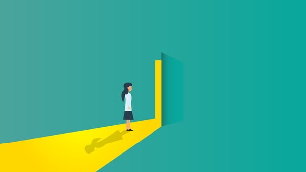 New career woman business vector achievement office. Open door start businesswoman illustration concept background. Success job worker opportunity growth. Future dream beginning solution company