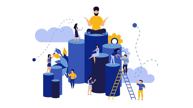 Employee empower bravery building business vector concept illustration. Ahead help achievement career motivation people. Leader work company challenge benefit. Character development work success