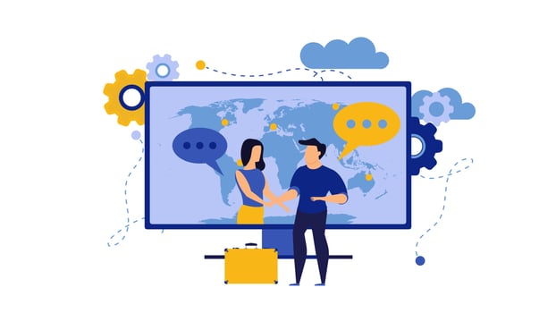 Business trust vector illustration with man and woman. Internet computer partnership businessman teamwork deal. Success partner agreement contract. Handshake cooperation job background. Investor agree