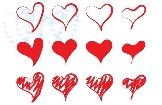 Red love heart vector shape icon hand drawing sketch graphic element design background. Handdrawn sketchy made set retro decor art romantic wedding. Vintage print ink cute collection isolated symbol