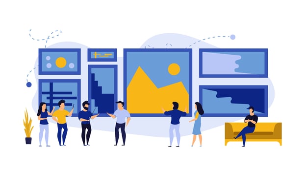 Art business gallery visitor people man and woman illustration exhibition. Museum painting modern artwork picture exposition. Contemporary culture excursion tourist. Hall guide watch frame canvas vector