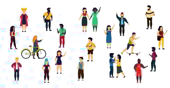 Vector city people person illustration isolated white crowd woman and man cartoon. Girl and boy group set collection trendy outdoor bundle character. Concept lifestyle community different human