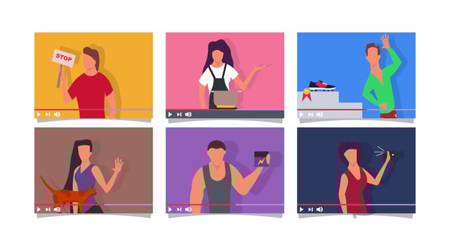 Blogger people on screen vlog vector flat illustration concept online video. Business internet communication social media. Digital network character marketing content live. Broadcast streaming share