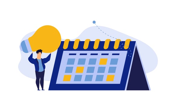 Calendar schedule week vector concept illustration. Student appointment employee agenda man and woman. Business plan with clock,pencil. Date time meeting day. Coworker banner office teamwork assign