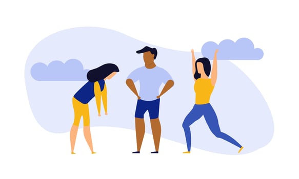 Achievement exercise flat health body mind vector concept illustration. Office multitasking posture person. Sport fitness cartoon background. Lifestyle harmony yoga meditate zen. Pose training workout