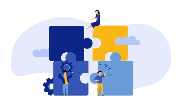 Business team work building puzzle concept vector illustration. People partnership man and woman challenge marketing corporate goal. Jigsaw piece cooperation character. Office banner unity part object