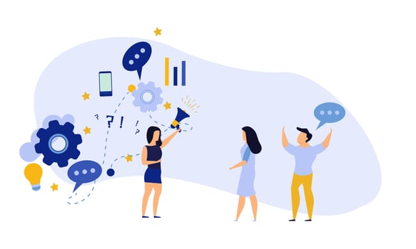 People announce advertising with megaphone vector illustration. Awareness focus loud speaker man and woman. Business banner marketing group media. Speech news promotion network leadership poster