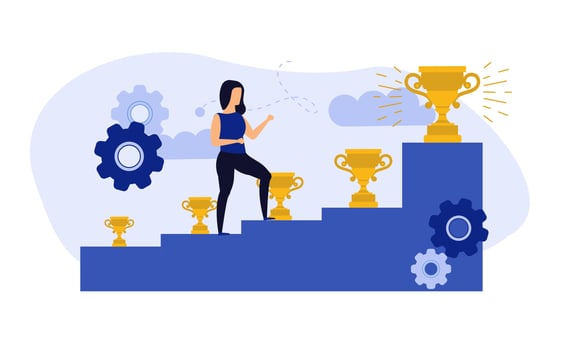 Achievement target career challenge vector flat illustration. Woman kpi walking steps to gold cup. Job journey business success leader ambition. Goal progress up climbing performance banner