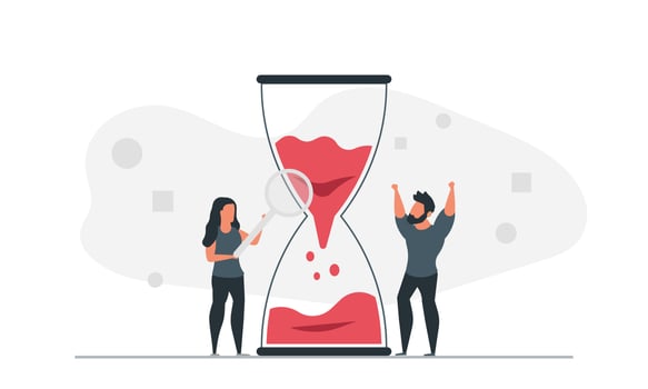Work time concept vector illustration with hourglass. Male and female freelancers online