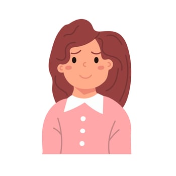 Smiling kid face girl. Avatar child with skin cartoon head portrait. School character icon. Cute little person teenager. Flat vector illustration isolated on white