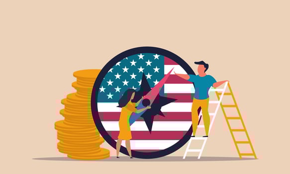 Direction growth usa and future choice navigation strategy with compass. Investment highway profit vector illustration concept. Finance development and leadership market. Success guide empower person