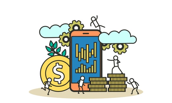 Phone digital loan finance account vector business illustration. People building cash concept web money payment. Banner network data market virtual transaction coin.  Mobile commerce customer