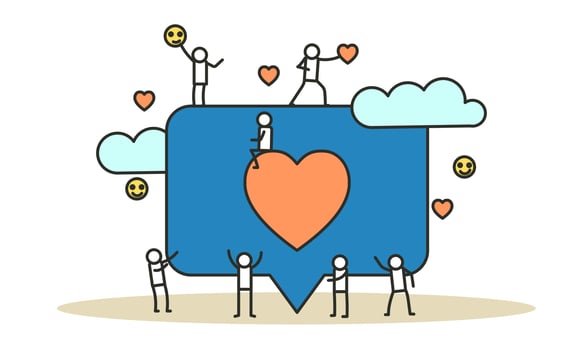 Social media like business feedback message vector. Networking internet people man and woman illustration. Concept follow heart love character repost marketing. User customer group background vector