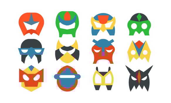 Superhero mask set and power hero person costume. Super comic character face sign vector illustration. Powerful head avatar and collection mystery savior. Guardian saviour and anonymous villain mask