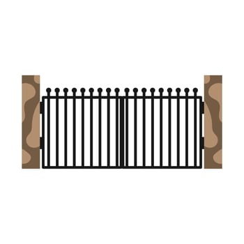 Gate with iron fence door and metal cartoon manor decoration. Front entrance from ironwork grid vector illustration. Old lattice wrought and classic frame ornament for park. Security steel structure