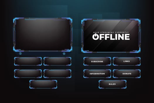 Live streaming screen panel decoration with blue and dark colors. Online gaming overlay with buttons. Abstract gaming overlay design with futuristic style and an offline screen. Digital gaming overlay vector